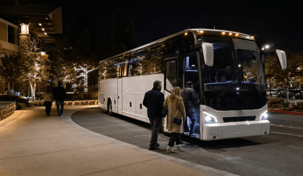 charter bus arriving with a group at a northern california casino resort during an evening trip from alameda