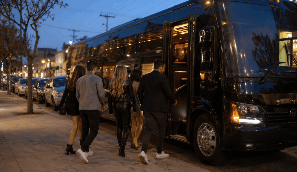 party bus waiting for a celebration group in alameda before a bay area night out