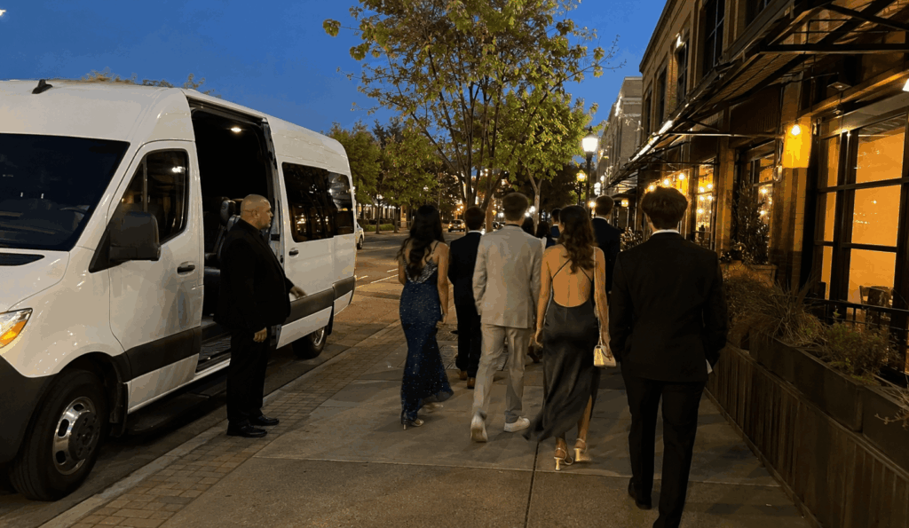 sprinter limo dropping off a small prom group near a bay area restaurant before the dance