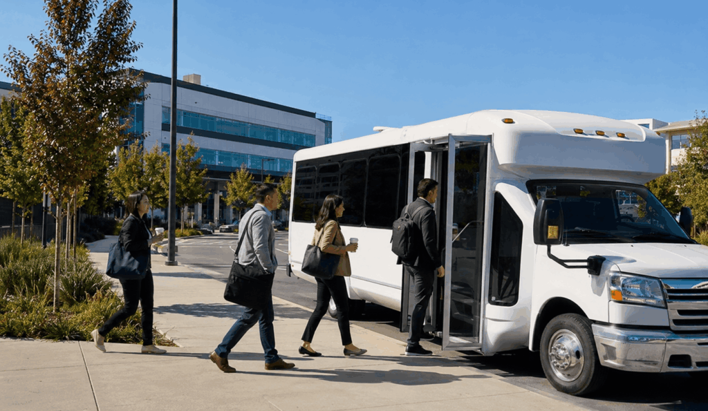 corporate shuttle bus picking up employees outside a bay area office campus near alameda