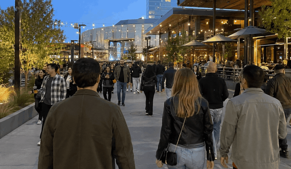 group enjoying dinner and the downtown commons entertainment district before an event at golden 1 center