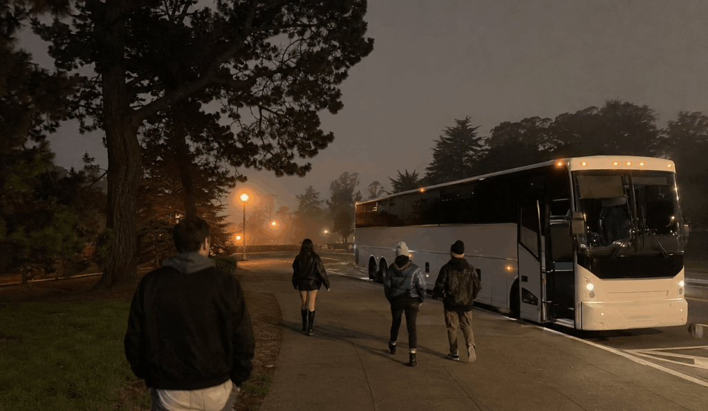 charter bus waiting near golden gate park after a san francisco concert for group transportation back to alameda
