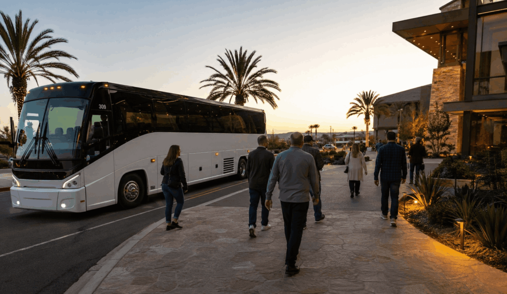 minibus dropping off a group at a northern california casino resort entrance before an evening outing