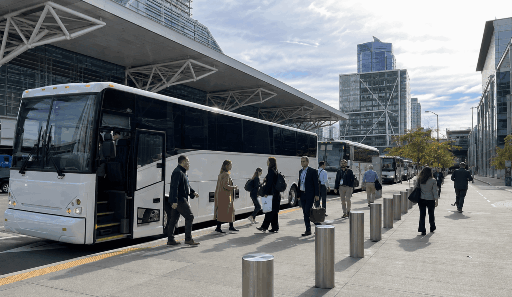 charter bus dropping off conference attendees near moscone center in san francisco for a corporate convention shuttle from alameda