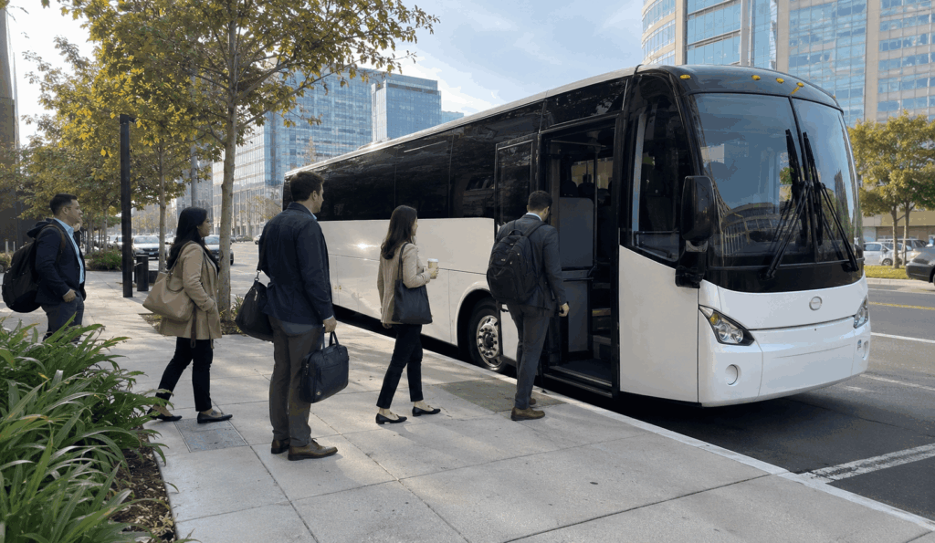 corporate conference shuttle transporting attendees near moscone center in san francisco