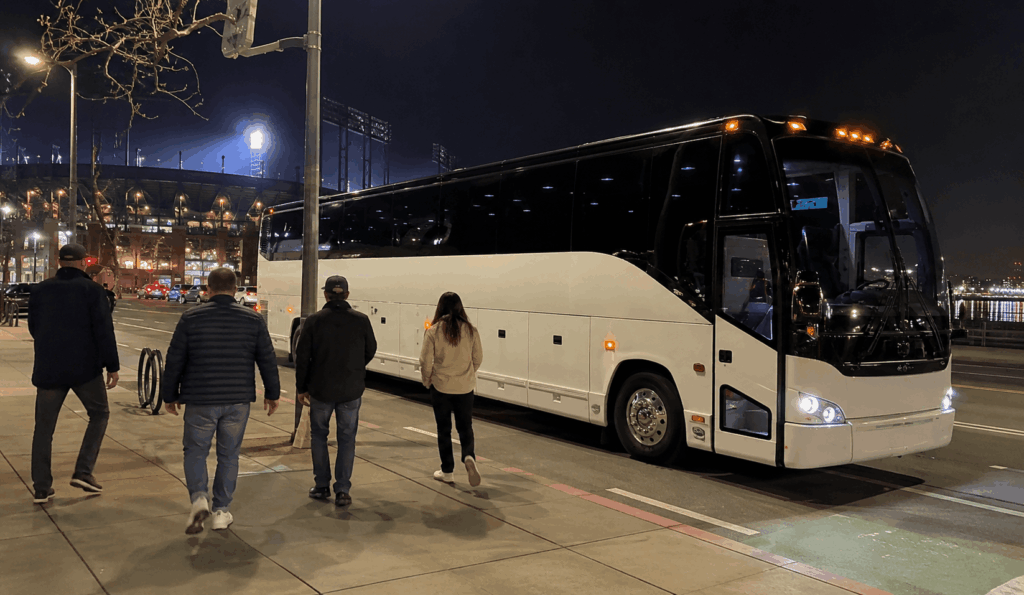 charter bus waiting near oracle park after a giants game for a group ride back to alameda
