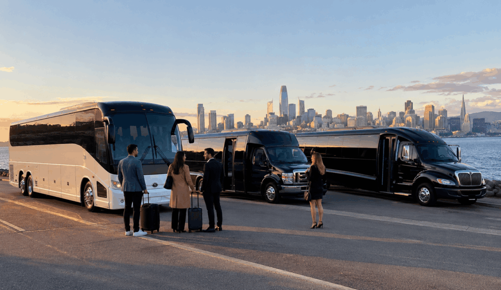 party bus waiting for a celebration group in alameda before a bay area night out