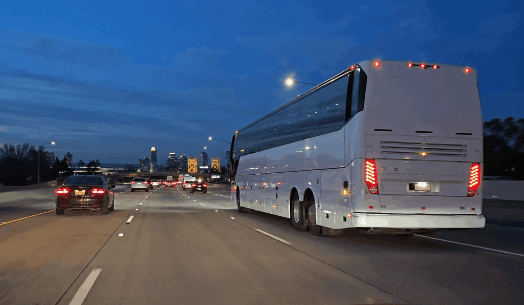 charter bus traveling from sacramento to the bay area after an evening event