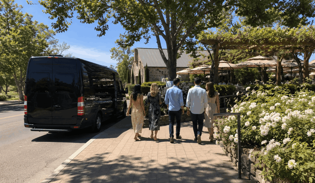 group enjoying a napa wine country day with a shuttle parked near yountville during a lunch stop between winery tastings
